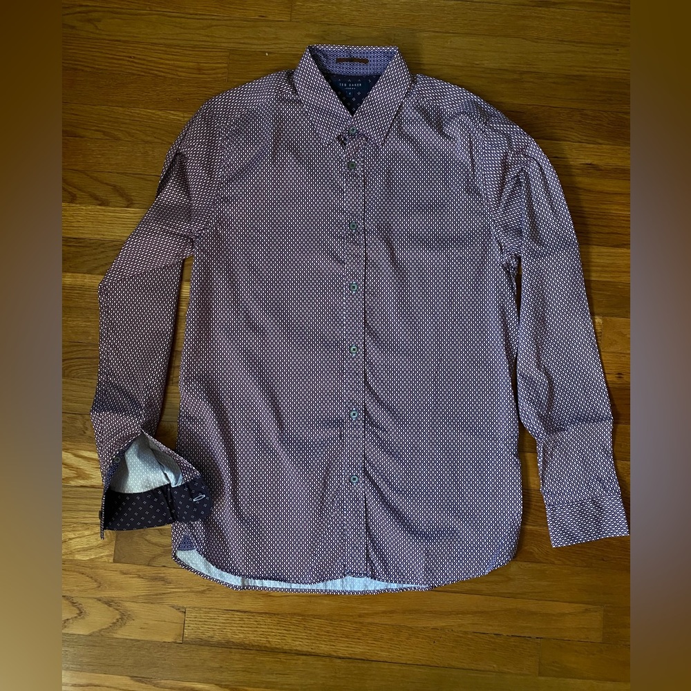 Ted Baker men’s 4 patterned long sleeve button shirt. White/maroon